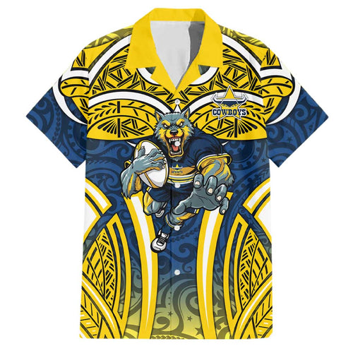 North Queensland Cowboys Rugby Family Matching Long Sleeve Bodycon Dress and Hawaiian Shirt Polynesian Tribal Bull Warrior Navy Yellow Pattern