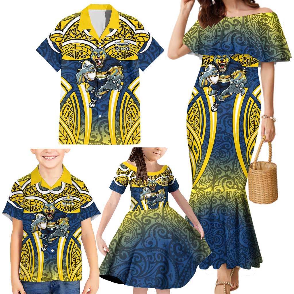 North Queensland Cowboys Rugby Family Matching Mermaid Dress and Hawaiian Shirt Polynesian Tribal Bull Warrior Navy Yellow Pattern