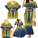 North Queensland Cowboys Rugby Family Matching Mermaid Dress and Hawaiian Shirt Polynesian Tribal Bull Warrior Navy Yellow Pattern