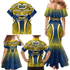 North Queensland Cowboys Rugby Family Matching Mermaid Dress and Hawaiian Shirt Polynesian Tribal Bull Warrior Navy Yellow Pattern