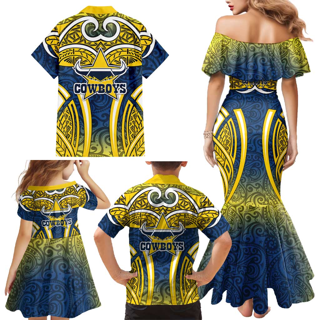 North Queensland Cowboys Rugby Family Matching Mermaid Dress and Hawaiian Shirt Polynesian Tribal Bull Warrior Navy Yellow Pattern