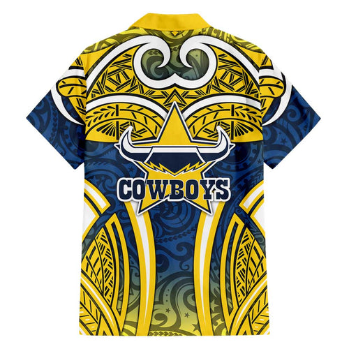 North Queensland Cowboys Rugby Family Matching Mermaid Dress and Hawaiian Shirt Polynesian Tribal Bull Warrior Navy Yellow Pattern