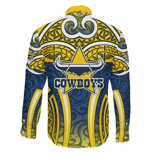 North Queensland Cowboys Rugby Family Matching Mermaid Dress and Hawaiian Shirt Polynesian Tribal Bull Warrior Navy Yellow Pattern