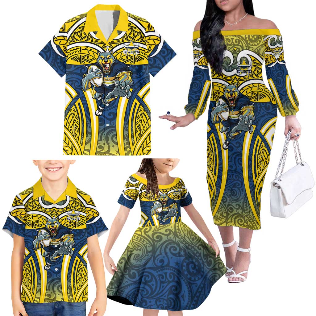 North Queensland Cowboys Rugby Family Matching Off The Shoulder Long Sleeve Dress and Hawaiian Shirt Polynesian Tribal Bull Warrior Navy Yellow Pattern
