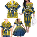 North Queensland Cowboys Rugby Family Matching Off The Shoulder Long Sleeve Dress and Hawaiian Shirt Polynesian Tribal Bull Warrior Navy Yellow Pattern