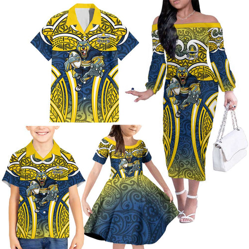 North Queensland Cowboys Rugby Family Matching Off The Shoulder Long Sleeve Dress and Hawaiian Shirt Polynesian Tribal Bull Warrior Navy Yellow Pattern