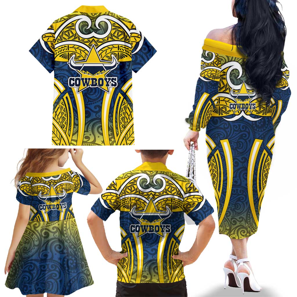 North Queensland Cowboys Rugby Family Matching Off The Shoulder Long Sleeve Dress and Hawaiian Shirt Polynesian Tribal Bull Warrior Navy Yellow Pattern