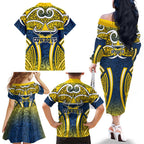 North Queensland Cowboys Rugby Family Matching Off The Shoulder Long Sleeve Dress and Hawaiian Shirt Polynesian Tribal Bull Warrior Navy Yellow Pattern
