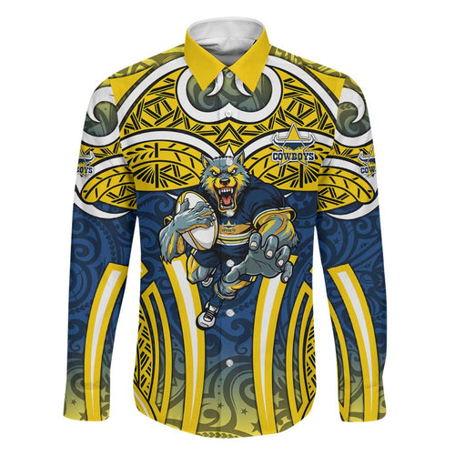 North Queensland Cowboys Rugby Family Matching Off The Shoulder Long Sleeve Dress and Hawaiian Shirt Polynesian Tribal Bull Warrior Navy Yellow Pattern