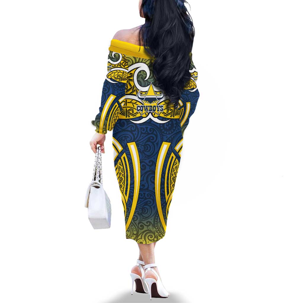 North Queensland Cowboys Rugby Family Matching Off The Shoulder Long Sleeve Dress and Hawaiian Shirt Polynesian Tribal Bull Warrior Navy Yellow Pattern