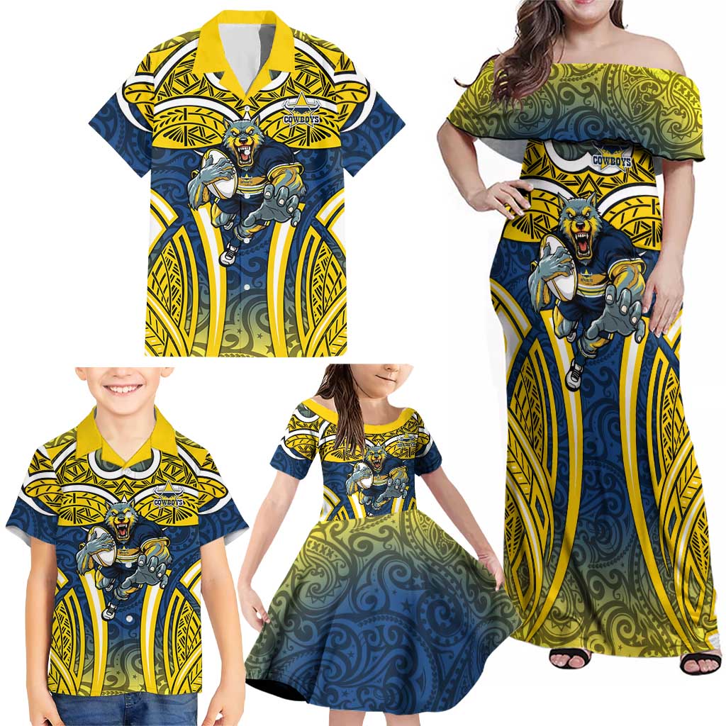 North Queensland Cowboys Rugby Family Matching Off Shoulder Maxi Dress and Hawaiian Shirt Polynesian Tribal Bull Warrior Navy Yellow Pattern