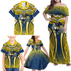 North Queensland Cowboys Rugby Family Matching Off Shoulder Maxi Dress and Hawaiian Shirt Polynesian Tribal Bull Warrior Navy Yellow Pattern