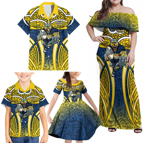 North Queensland Cowboys Rugby Family Matching Off Shoulder Maxi Dress and Hawaiian Shirt Polynesian Tribal Bull Warrior Navy Yellow Pattern