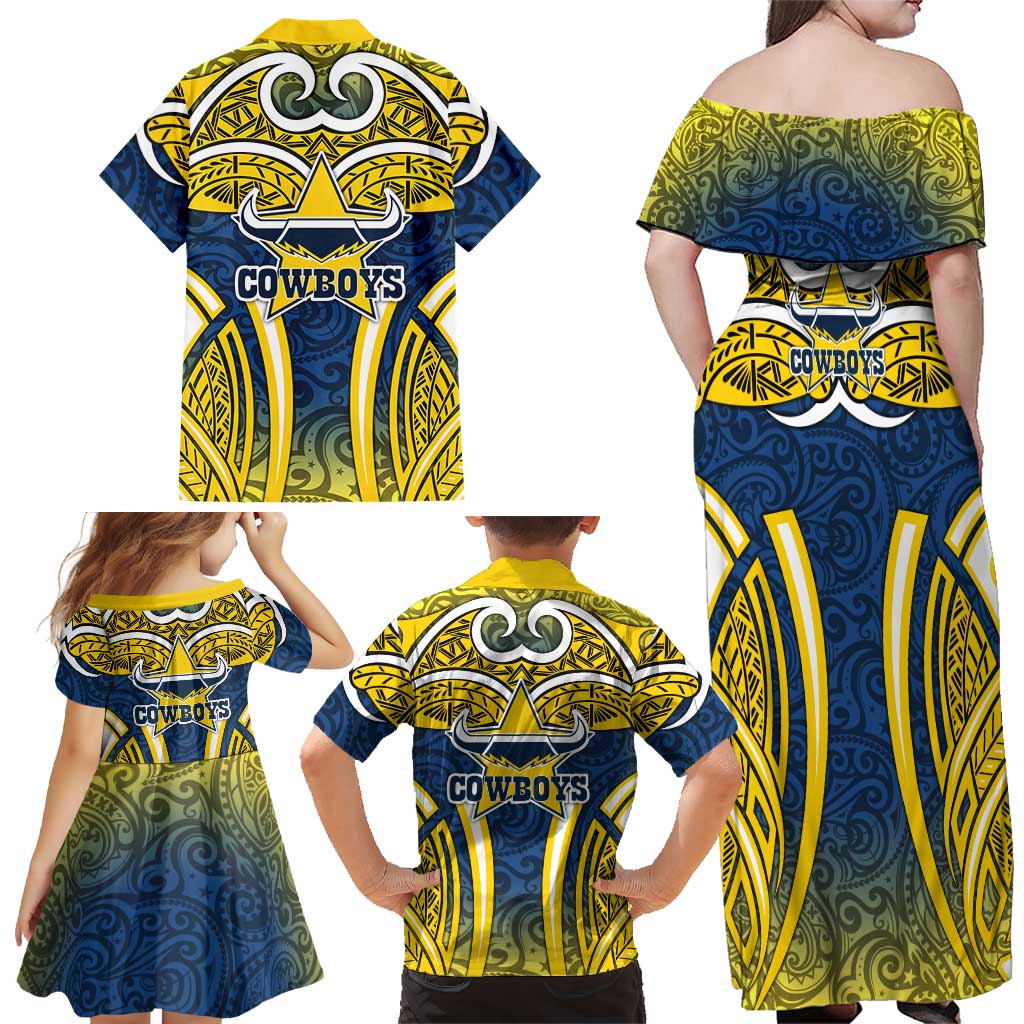 North Queensland Cowboys Rugby Family Matching Off Shoulder Maxi Dress and Hawaiian Shirt Polynesian Tribal Bull Warrior Navy Yellow Pattern