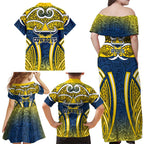 North Queensland Cowboys Rugby Family Matching Off Shoulder Maxi Dress and Hawaiian Shirt Polynesian Tribal Bull Warrior Navy Yellow Pattern