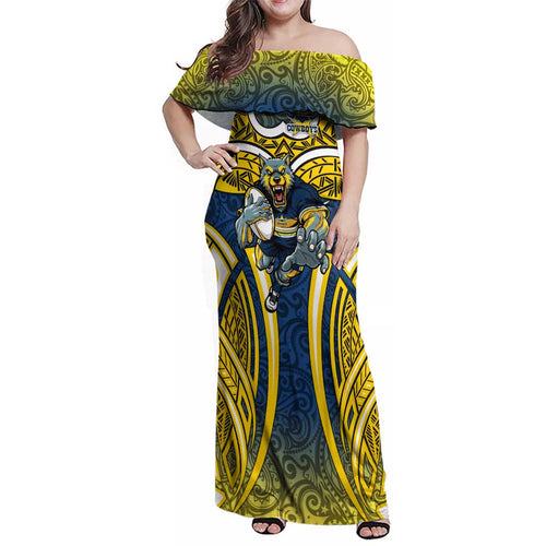 North Queensland Cowboys Rugby Family Matching Off Shoulder Maxi Dress and Hawaiian Shirt Polynesian Tribal Bull Warrior Navy Yellow Pattern