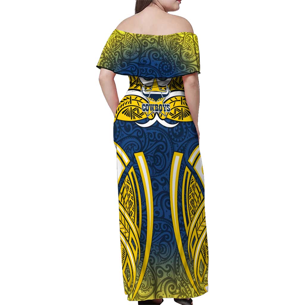 North Queensland Cowboys Rugby Family Matching Off Shoulder Maxi Dress and Hawaiian Shirt Polynesian Tribal Bull Warrior Navy Yellow Pattern