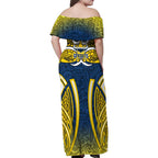 North Queensland Cowboys Rugby Family Matching Off Shoulder Maxi Dress and Hawaiian Shirt Polynesian Tribal Bull Warrior Navy Yellow Pattern