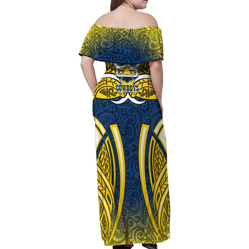 North Queensland Cowboys Rugby Family Matching Off Shoulder Maxi Dress and Hawaiian Shirt Polynesian Tribal Bull Warrior Navy Yellow Pattern