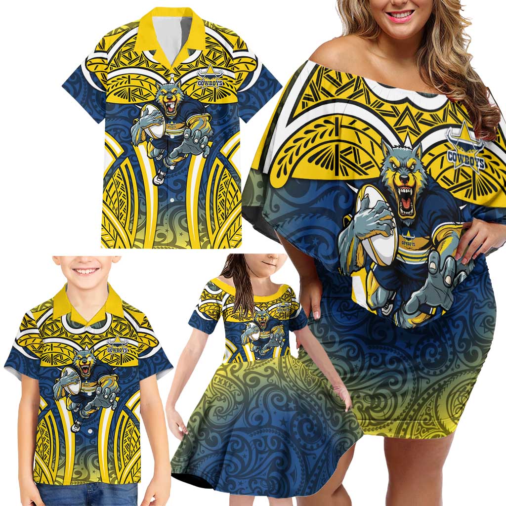 North Queensland Cowboys Rugby Family Matching Off Shoulder Short Dress and Hawaiian Shirt Polynesian Tribal Bull Warrior Navy Yellow Pattern