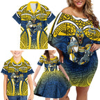 North Queensland Cowboys Rugby Family Matching Off Shoulder Short Dress and Hawaiian Shirt Polynesian Tribal Bull Warrior Navy Yellow Pattern