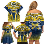 North Queensland Cowboys Rugby Family Matching Off Shoulder Short Dress and Hawaiian Shirt Polynesian Tribal Bull Warrior Navy Yellow Pattern