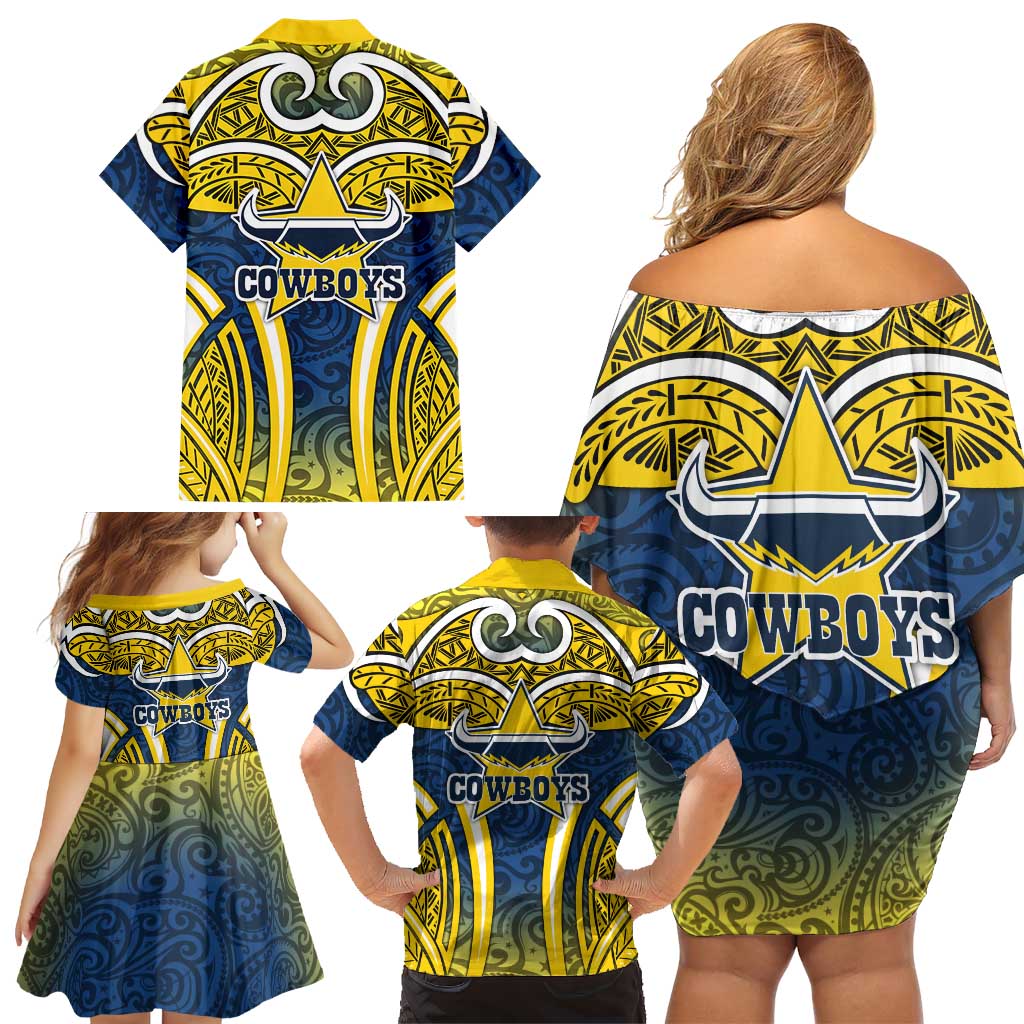 North Queensland Cowboys Rugby Family Matching Off Shoulder Short Dress and Hawaiian Shirt Polynesian Tribal Bull Warrior Navy Yellow Pattern