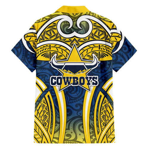 North Queensland Cowboys Rugby Family Matching Off Shoulder Short Dress and Hawaiian Shirt Polynesian Tribal Bull Warrior Navy Yellow Pattern