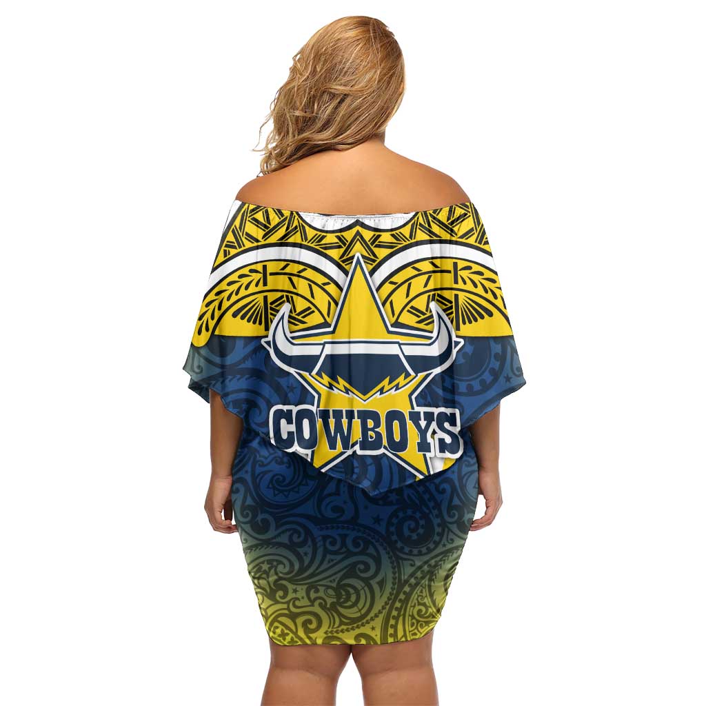 North Queensland Cowboys Rugby Family Matching Off Shoulder Short Dress and Hawaiian Shirt Polynesian Tribal Bull Warrior Navy Yellow Pattern