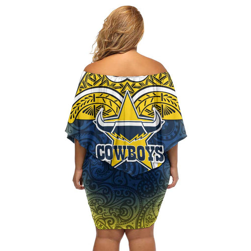 North Queensland Cowboys Rugby Family Matching Off Shoulder Short Dress and Hawaiian Shirt Polynesian Tribal Bull Warrior Navy Yellow Pattern