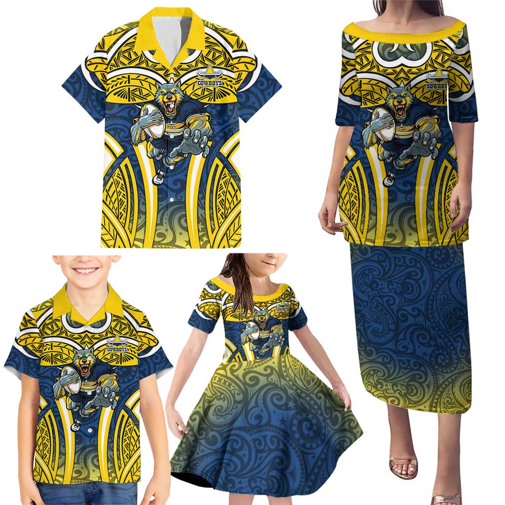 North Queensland Cowboys Rugby Family Matching Puletasi and Hawaiian Shirt Polynesian Tribal Bull Warrior Navy Yellow Pattern