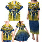 North Queensland Cowboys Rugby Family Matching Puletasi and Hawaiian Shirt Polynesian Tribal Bull Warrior Navy Yellow Pattern