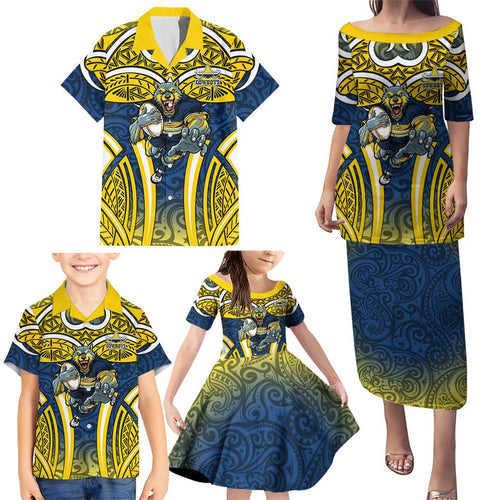 North Queensland Cowboys Rugby Family Matching Puletasi and Hawaiian Shirt Polynesian Tribal Bull Warrior Navy Yellow Pattern