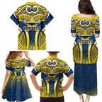North Queensland Cowboys Rugby Family Matching Puletasi and Hawaiian Shirt Polynesian Tribal Bull Warrior Navy Yellow Pattern