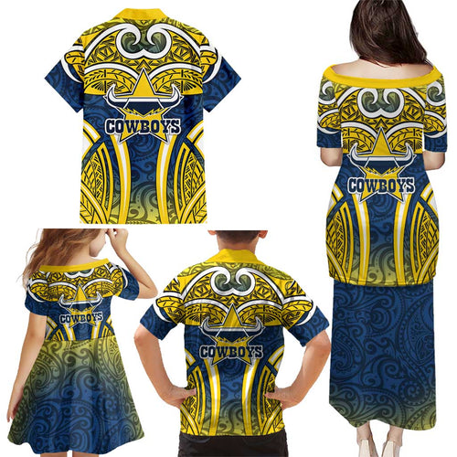 North Queensland Cowboys Rugby Family Matching Puletasi and Hawaiian Shirt Polynesian Tribal Bull Warrior Navy Yellow Pattern