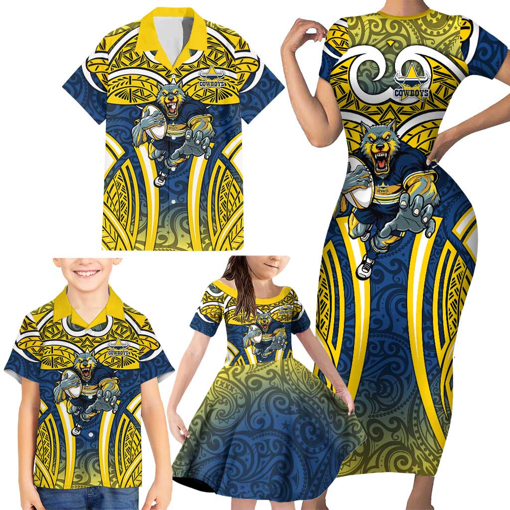 North Queensland Cowboys Rugby Family Matching Short Sleeve Bodycon Dress and Hawaiian Shirt Polynesian Tribal Bull Warrior Navy Yellow Pattern