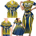 North Queensland Cowboys Rugby Family Matching Short Sleeve Bodycon Dress and Hawaiian Shirt Polynesian Tribal Bull Warrior Navy Yellow Pattern