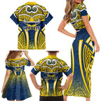 North Queensland Cowboys Rugby Family Matching Short Sleeve Bodycon Dress and Hawaiian Shirt Polynesian Tribal Bull Warrior Navy Yellow Pattern