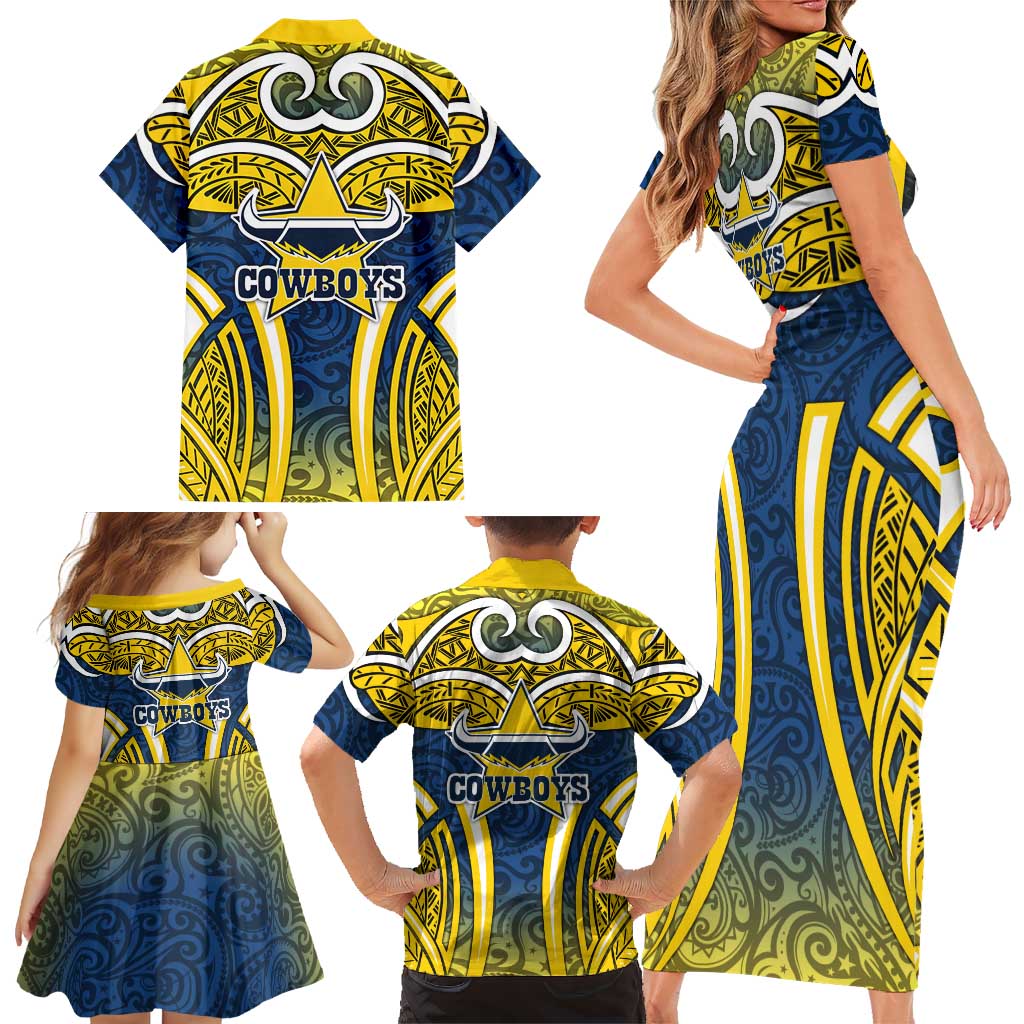 North Queensland Cowboys Rugby Family Matching Short Sleeve Bodycon Dress and Hawaiian Shirt Polynesian Tribal Bull Warrior Navy Yellow Pattern