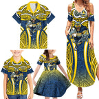 North Queensland Cowboys Rugby Family Matching Summer Maxi Dress and Hawaiian Shirt Polynesian Tribal Bull Warrior Navy Yellow Pattern