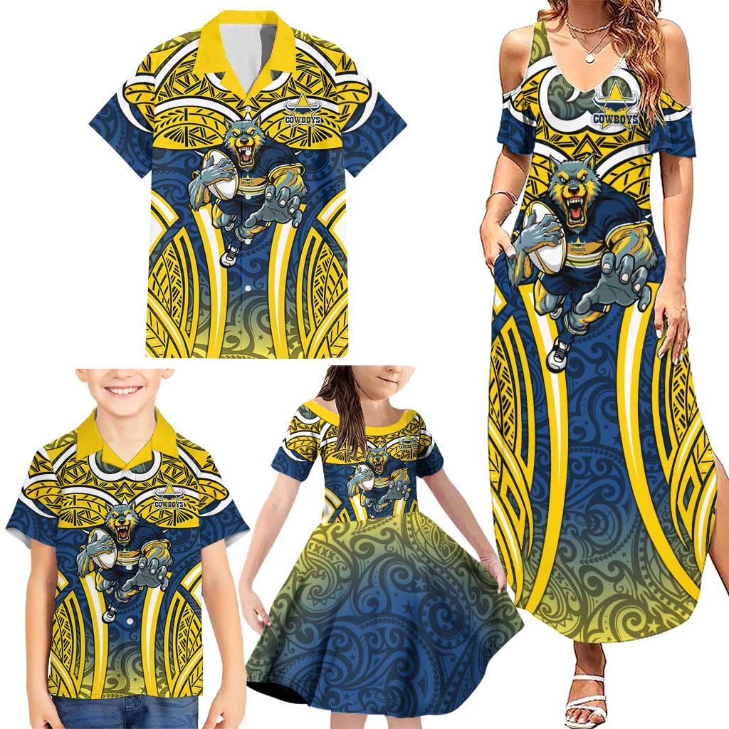 North Queensland Cowboys Rugby Family Matching Summer Maxi Dress and Hawaiian Shirt Polynesian Tribal Bull Warrior Navy Yellow Pattern