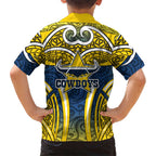 North Queensland Cowboys Rugby Family Matching Summer Maxi Dress and Hawaiian Shirt Polynesian Tribal Bull Warrior Navy Yellow Pattern