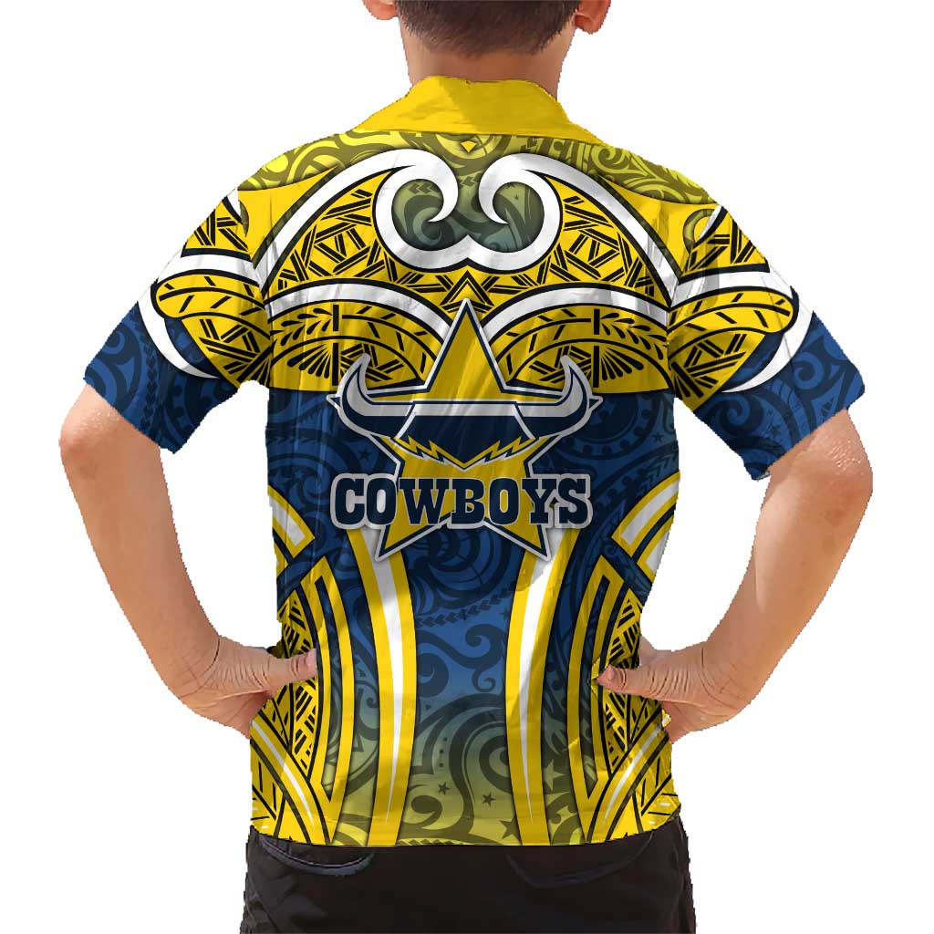 North Queensland Cowboys Rugby Family Matching Summer Maxi Dress and Hawaiian Shirt Polynesian Tribal Bull Warrior Navy Yellow Pattern