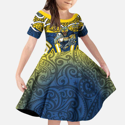 North Queensland Cowboys Rugby Family Matching Summer Maxi Dress and Hawaiian Shirt Polynesian Tribal Bull Warrior Navy Yellow Pattern