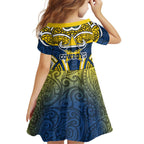 North Queensland Cowboys Rugby Family Matching Summer Maxi Dress and Hawaiian Shirt Polynesian Tribal Bull Warrior Navy Yellow Pattern