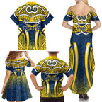 North Queensland Cowboys Rugby Family Matching Summer Maxi Dress and Hawaiian Shirt Polynesian Tribal Bull Warrior Navy Yellow Pattern