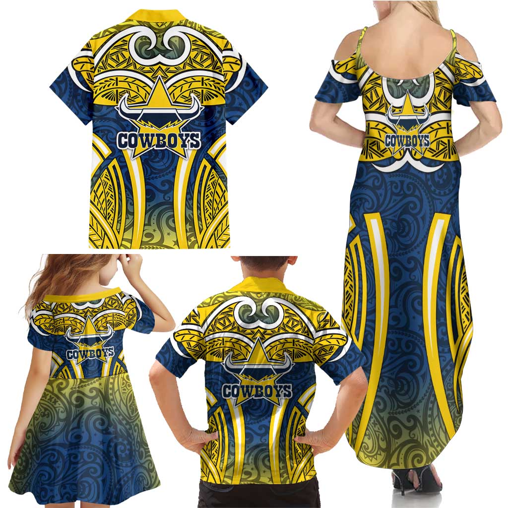 North Queensland Cowboys Rugby Family Matching Summer Maxi Dress and Hawaiian Shirt Polynesian Tribal Bull Warrior Navy Yellow Pattern