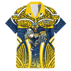 North Queensland Cowboys Rugby Family Matching Summer Maxi Dress and Hawaiian Shirt Polynesian Tribal Bull Warrior Navy Yellow Pattern