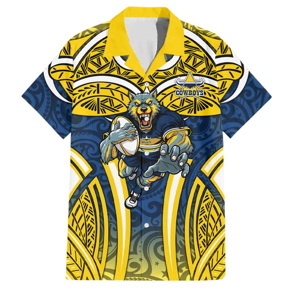 North Queensland Cowboys Rugby Family Matching Summer Maxi Dress and Hawaiian Shirt Polynesian Tribal Bull Warrior Navy Yellow Pattern