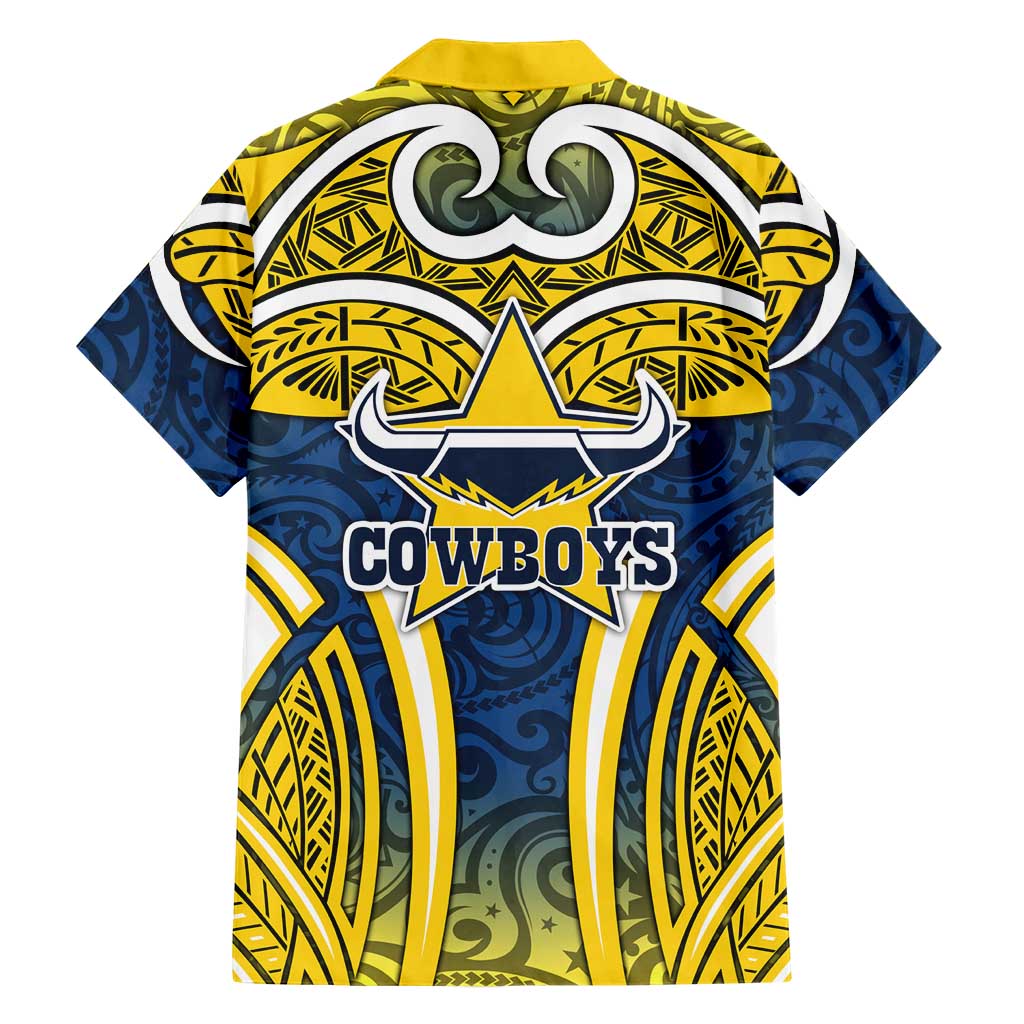 North Queensland Cowboys Rugby Family Matching Summer Maxi Dress and Hawaiian Shirt Polynesian Tribal Bull Warrior Navy Yellow Pattern